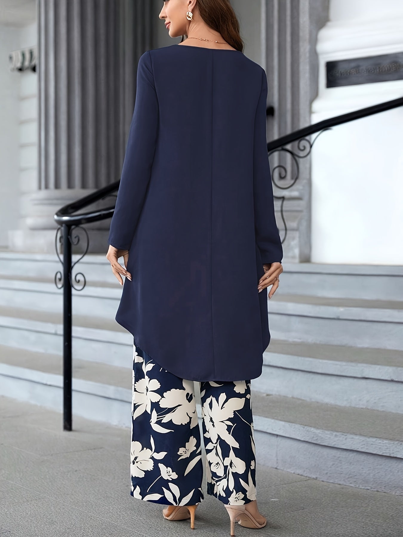 Two Piece Set: Solid Long Sleeve Crew Neck Top & Floral Print Wide Leg Pants for Spring & Fall, Women's Elegant Outfits