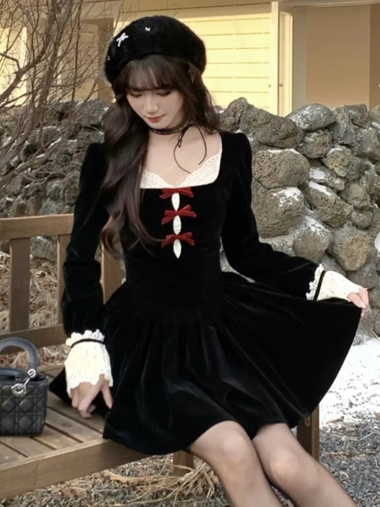 Y2K Sweet  Black Velvet Womens Dresses French Vintage Lace Patchwork Princess Birthday Party Mini Dress Female Short Vestidos