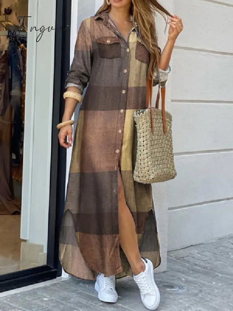 Ingvn - Long Sleeve Dress Checked Plaid Robe Maxi Beach Dress Summer Elegant Women Button Long Shirt Dress Split Print Lapel Party Robe