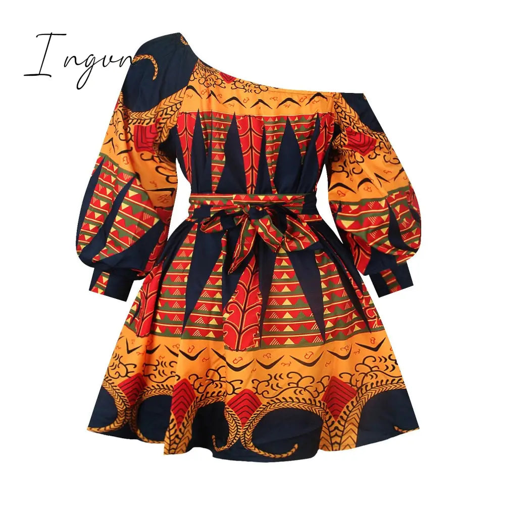 Ingvn - African Dresses for Women Full Sleeve Summer Tilting Shoulder Two Wear Dress Dashiki Print African Rich Bazin Top Maxi Clothes