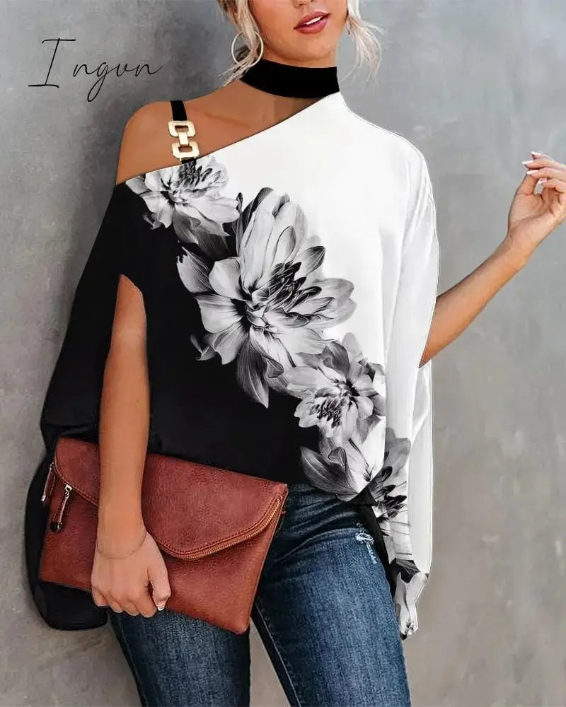 Ingvn - Women Metal Halter Hollow Out Print Top Patchwork Short Sleeve Loose Summer Blouse Femme Fashion Pullovers Casual Youth New