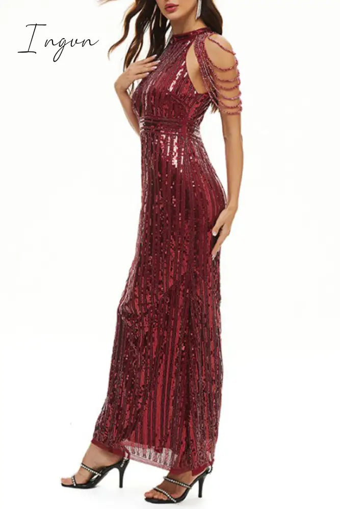Ingvn - Celebrities Elegant Solid Sequins Patchwork O Neck Evening Dress Dresses