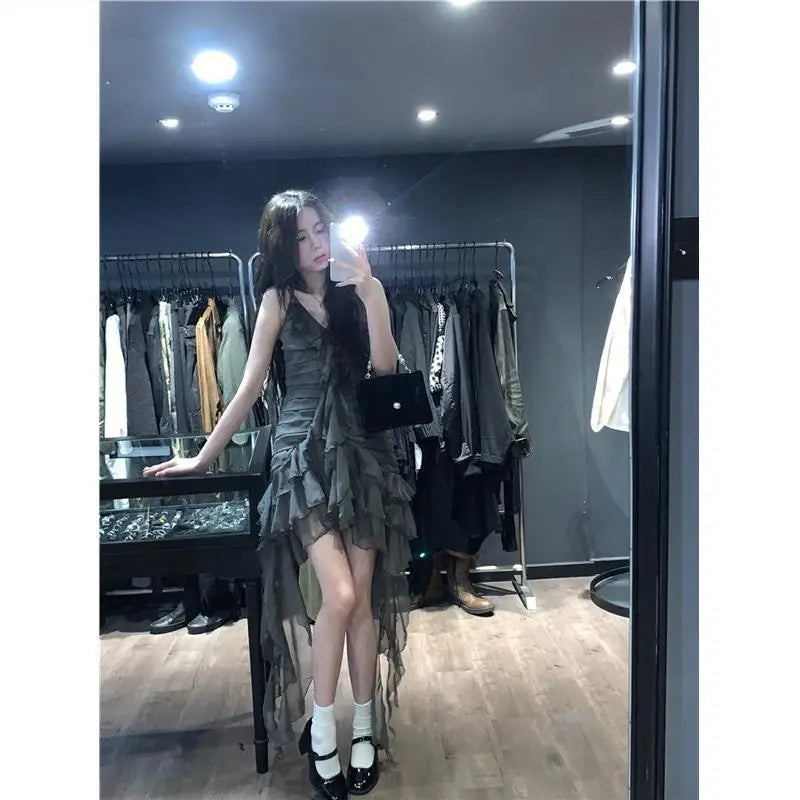 Japanese Sexy Dark Sleeveless V-neck Women Dresses Cascading Ruffles Asymmetrical Femme Robe Harajuku 2025 Summer Camisole Dress