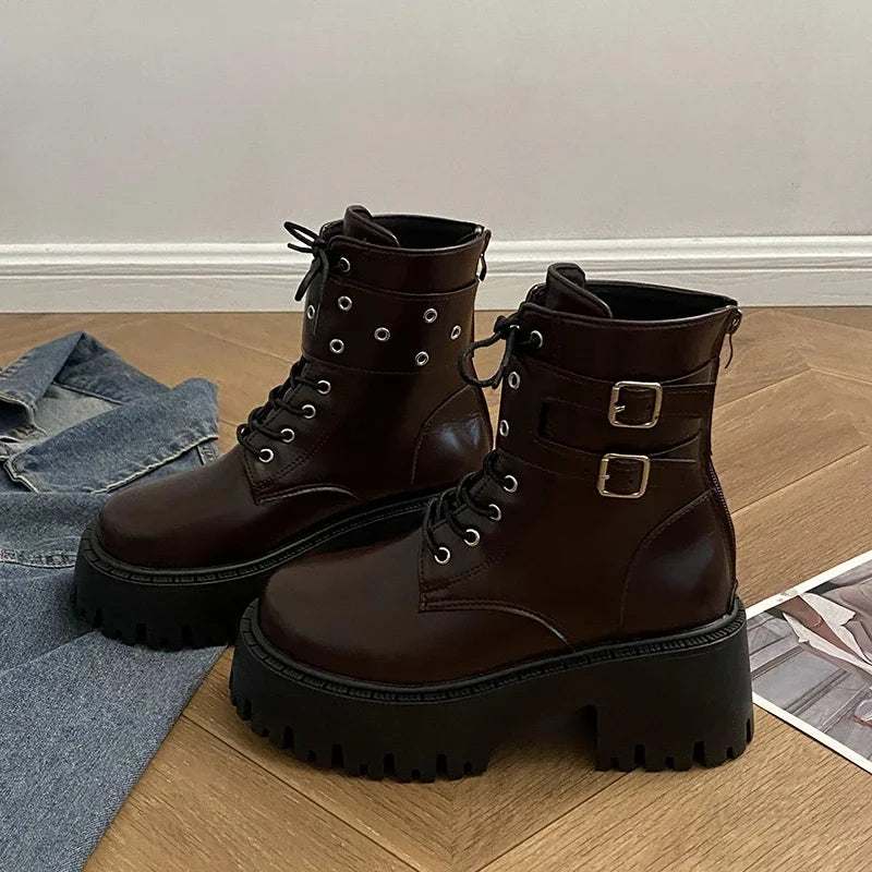 Ingvn  Autumn Women Motorcycle Boots Fashion Lace Up Short Booties Autumn Winter Female Platform Heel Shoes
