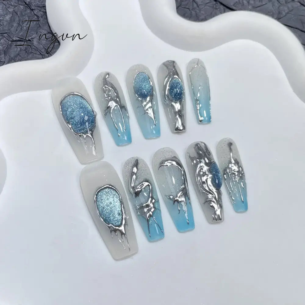 10Pcs Black Handmade Press On Nails Coffin Fake Nails Full Cover Gradient Metal Contrast Artificial Manicure Wearable Nail Tips