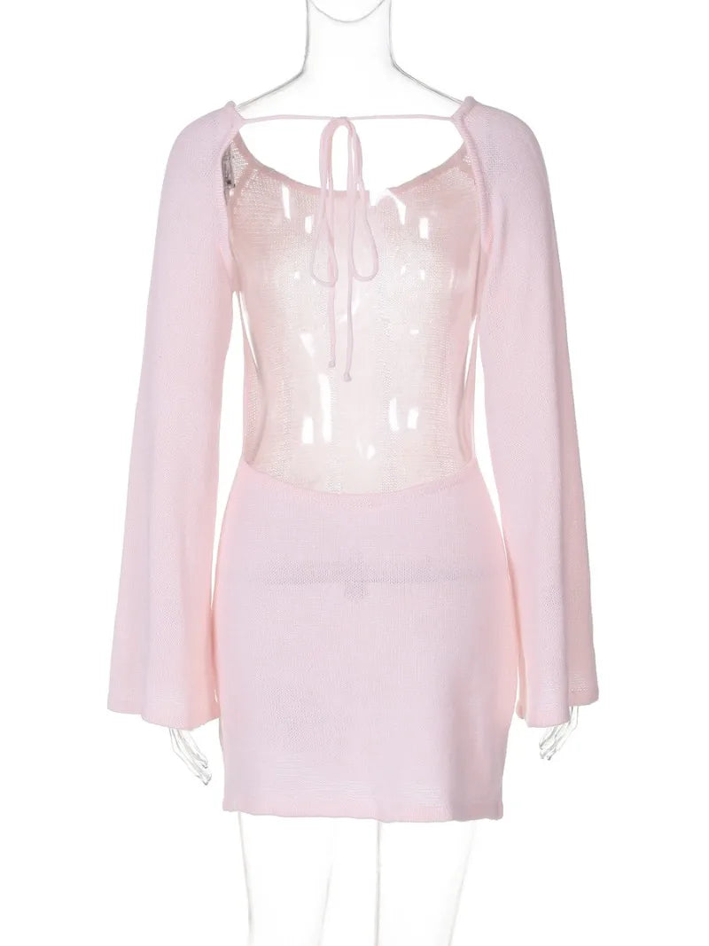 Ingvn  Womens Flare Sleeve Lace-up Backless Pink Sweater Dress Ladies Autumn High Waist Hollow Out Knitted White Party Vacation Dresses