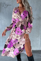 Ingvn - Elegant Floral Slit V Neck Printed Dress Dresses