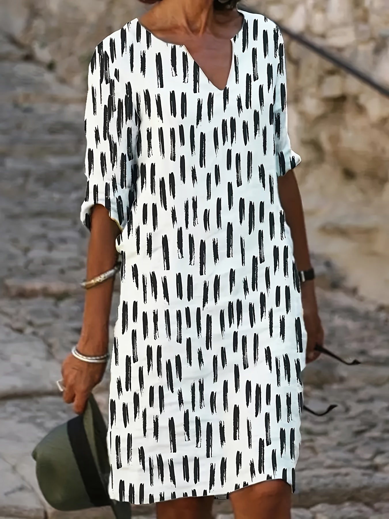 Multicolor Printed V-Neck Flowy Dress - Loose Fit & Crop Sleeves for Spring/Fall - Mature Style, Waist Emphasizing, Perfect Womens Wardrobe Staple