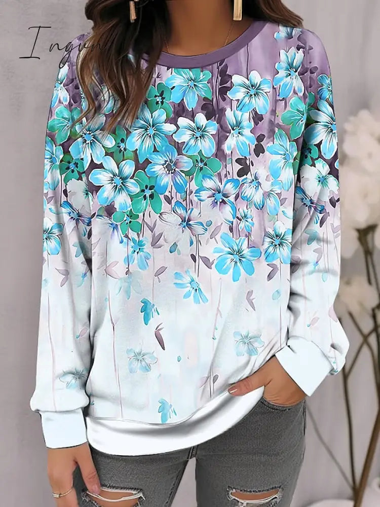 Ingvn - Women's Sweatshirt Pullover Basic Yellow Red Blue Floral Casual Round Neck Long Sleeve Top Micro-elastic Fall & Winter