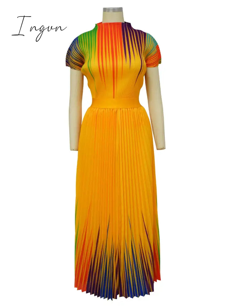 Ingvn - Long Pleated Dress Sets Women 2 Piece Outfits Summer Short Sleeve Gardient Print Swing Skirt Set Elegant Casual 2023 New In
