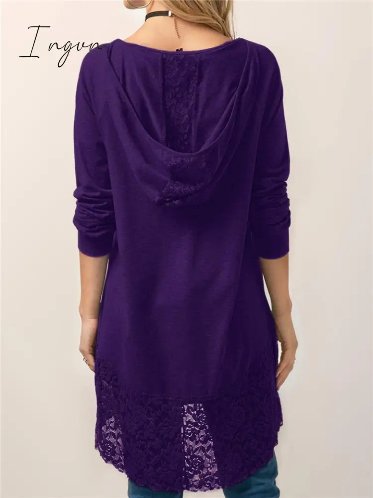 Ingvn - Women Pure Color Lace Patchwork Long Sleeve T-shirt With Hood