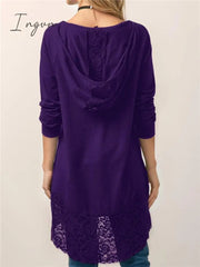 Ingvn - Women Pure Color Lace Patchwork Long Sleeve T-shirt With Hood