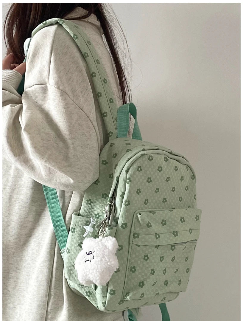 INGVN  Mini Japanese Sweet Floral Print Backpack Casual Y2k Aesthetic Preppy Schoolbags Women Kawaii All Match Backpacks for Students
