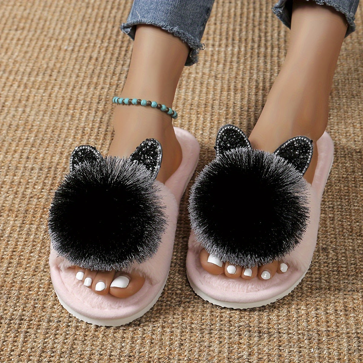 Cute Pom-pom Cat House Slippers, Cozy Open Toe Plush Flat Floor Shoes, Winter Warm Home Fuzzy Slippers