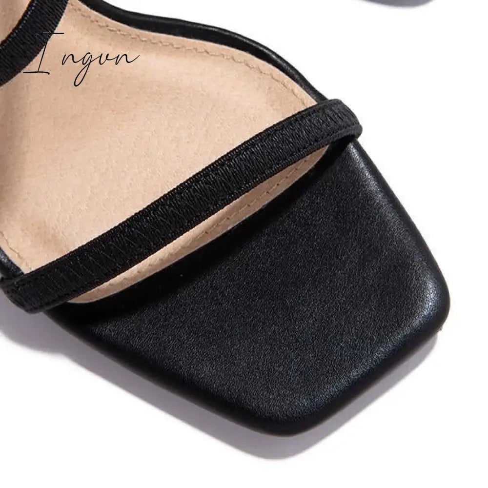 Ingvn - Elastic Straps Squared Toe Chunky Heels