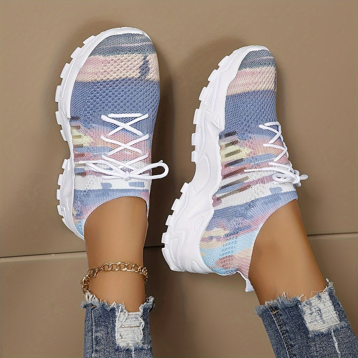 Women's Color Block Lightweight Mesh Sneakers, Low-Top Lace-up Casual Shoes, Breathable Comfortable Running Shoes