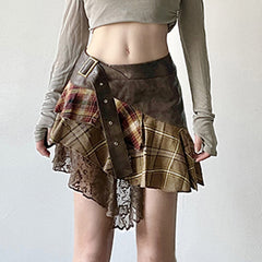 Irregular Design Sense Plaid Stitching Lace Wandering Waste Earth Style Distinctive Skirt Women's Hot Girl Stacked Pleated Skirt