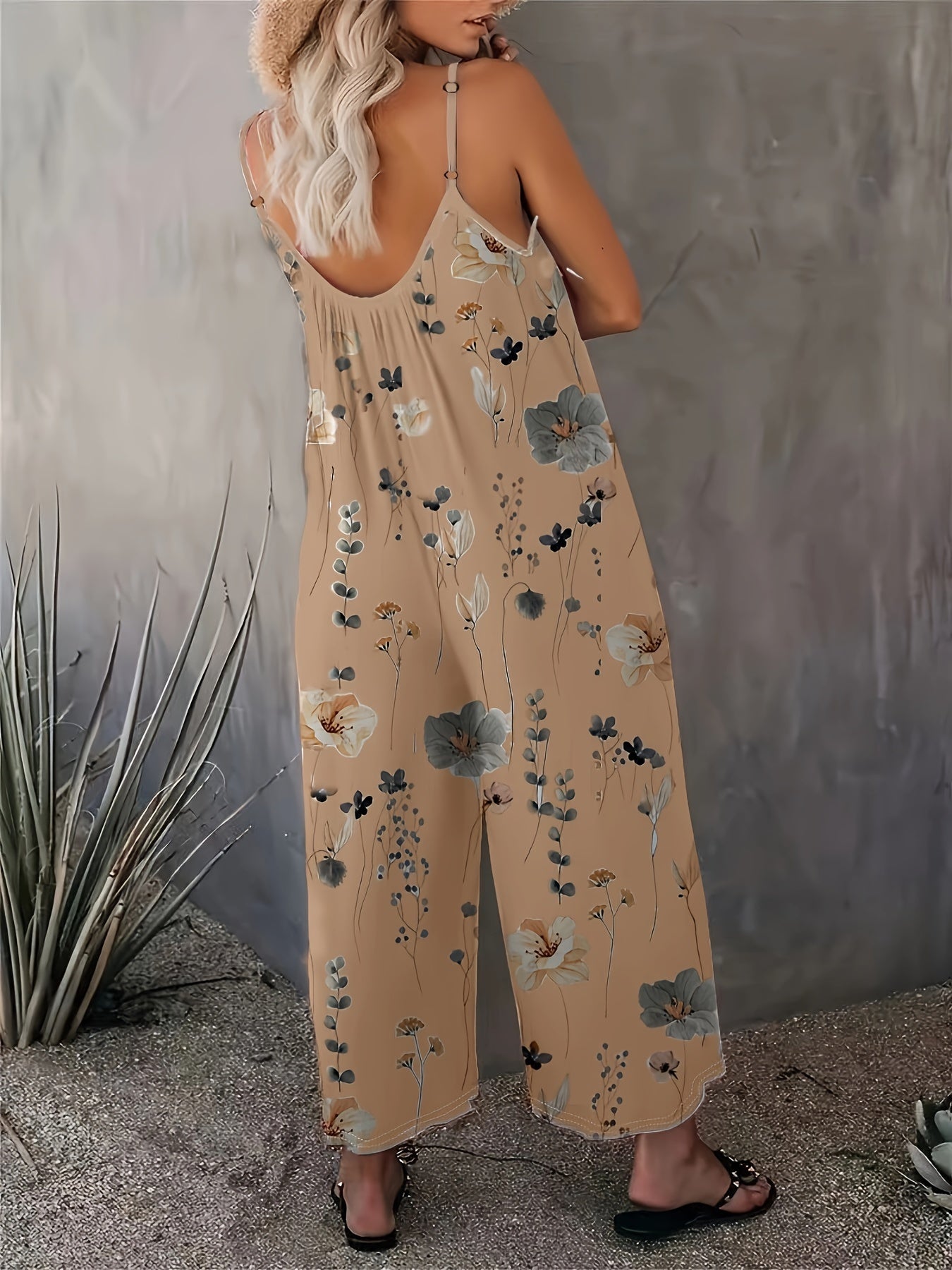 Floral Print Cami Jumpsuit, Casual Sleeveless Jumpsuit With Pockets For Spring & Summer, Women's Clothing