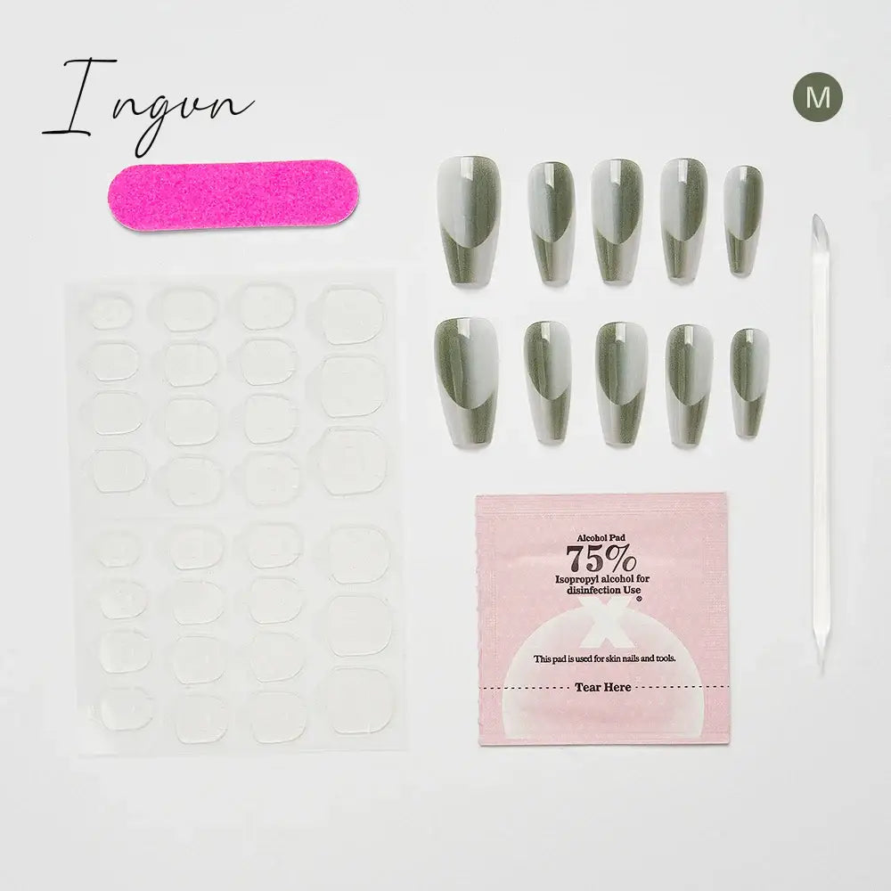 10PCS Chinese Style Fake Nails with Glue Sfumato Ink Long Nails Set Press on Acrylic Stick on False Nails Art
