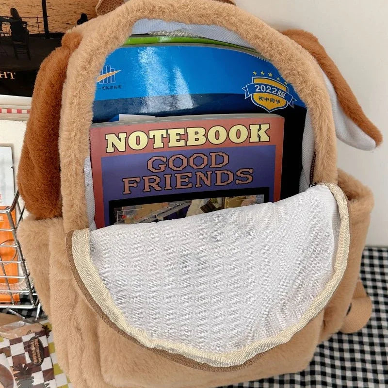 Ingvn  Cute Puppy Womens Backpack Plush Brown Fluffy Cartoon Sweet Kawaii School Backpack Students Casual Daily Fashion New Bag