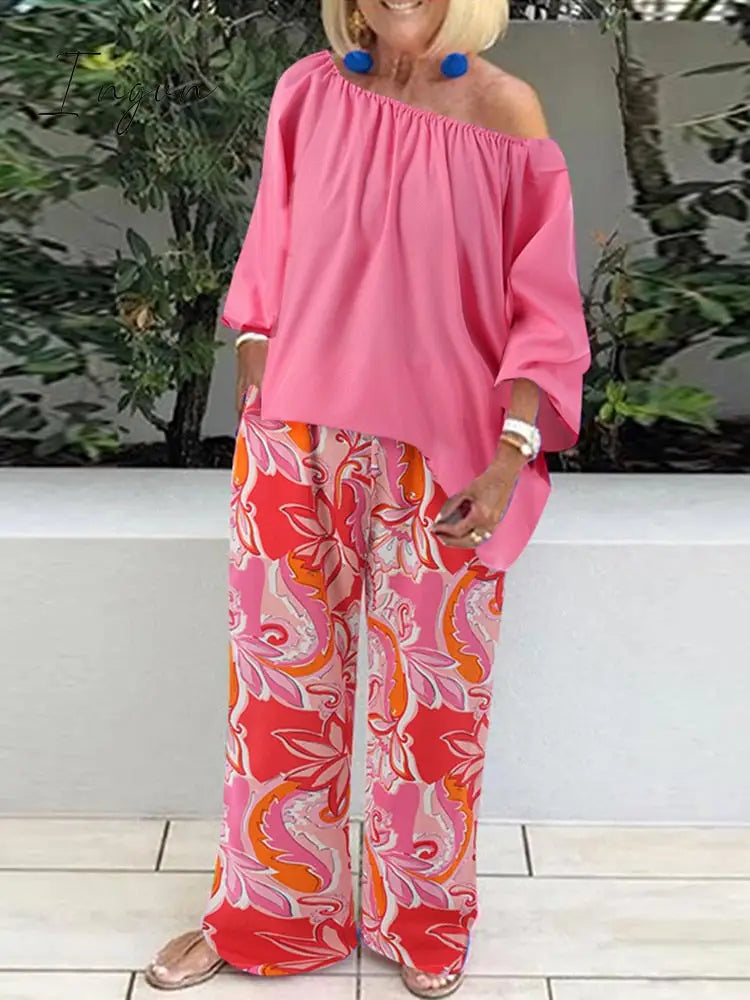 Ingvn - Pants Sets Fashion One Shoulder 3/4 Sleeve Tops Floral Print Wide Leg Trouser Women Two Piece Sets Casual Loose Suit