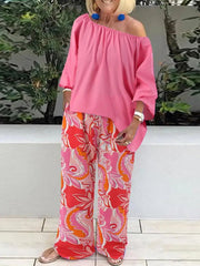 Ingvn - Pants Sets Fashion One Shoulder 3/4 Sleeve Tops Floral Print Wide Leg Trouser Women Two Piece Sets Casual Loose Suit