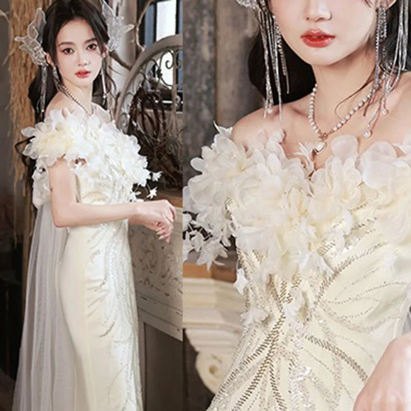 Beige white light luxury fairy evening dress new line shoulder waist fish tail banquet evening dress