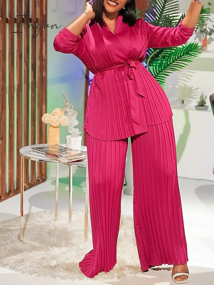 Ingvn - Women's Shirt Pants Sets White Red Fuchsia Solid Color Long Sleeve Casual Daily Fashion V Neck Regular Fit Spring &  Fall