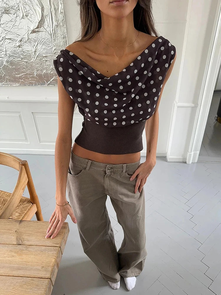 Backless Polka Dot Crop Tops Women Vest Fashion Summer New Oblique Shoulder Sleeveless Tank Tops Pullovers Female