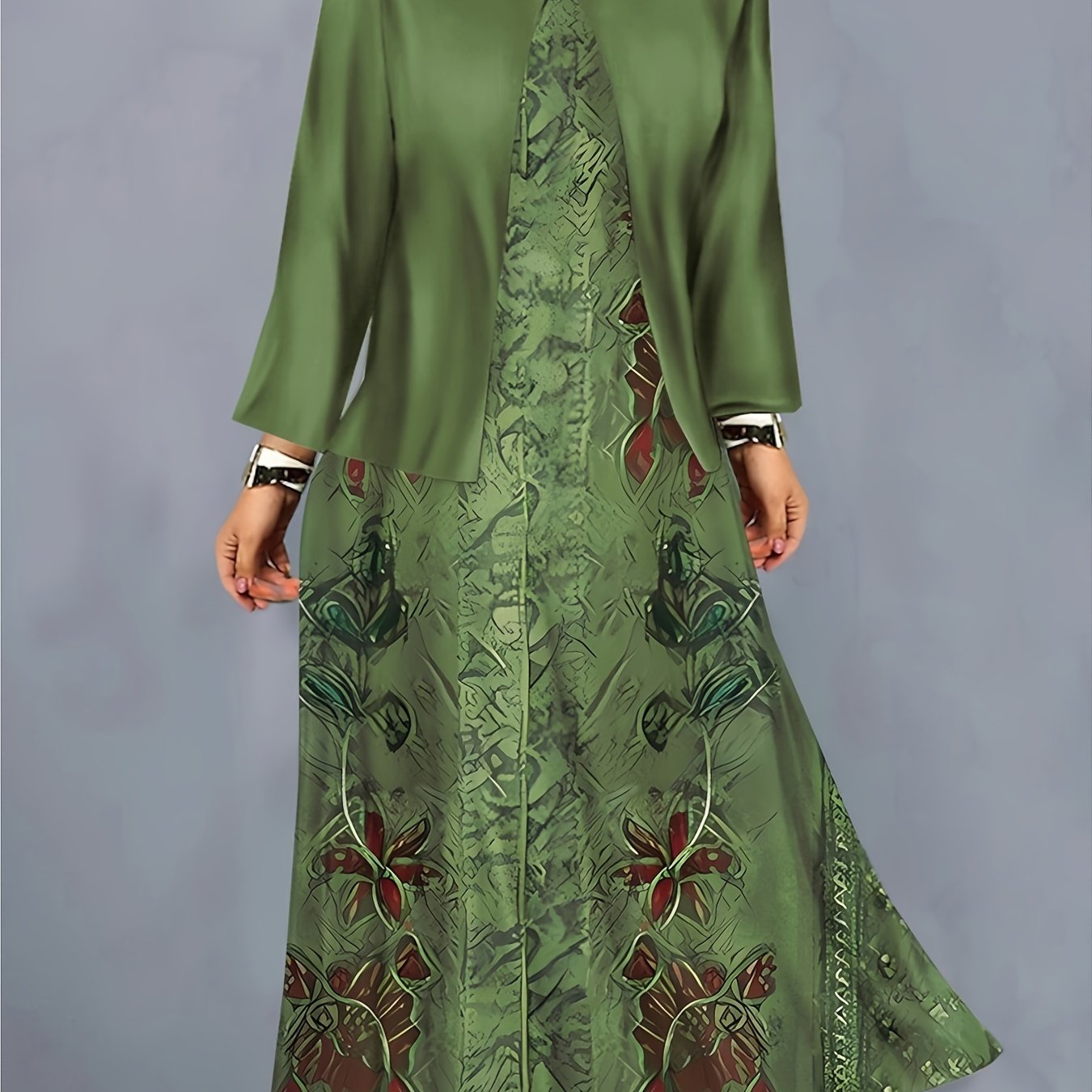Plus Size Floral Chic 2-in-1 Crew Neck Long Sleeve Loose Fit Dress - Elegant, Versatile, and Comfortable for Spring and Fall - Women's Plus Size Clothing for Curvy Figures