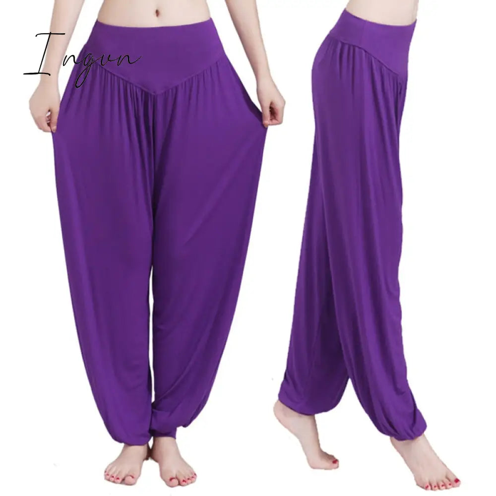Ingvn - Women Harem Pants Casual Loose Cotton Solid Elastic Waist Wide Leg Pants Plus Size Loose Long Bloomers Trousers 15 Colors