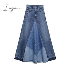 Ingvn - Women 2023 Fashion Denim Blue Skirts Highstreet Patchwork High Waist Midi Skirts A-Line Design Female Bottoms