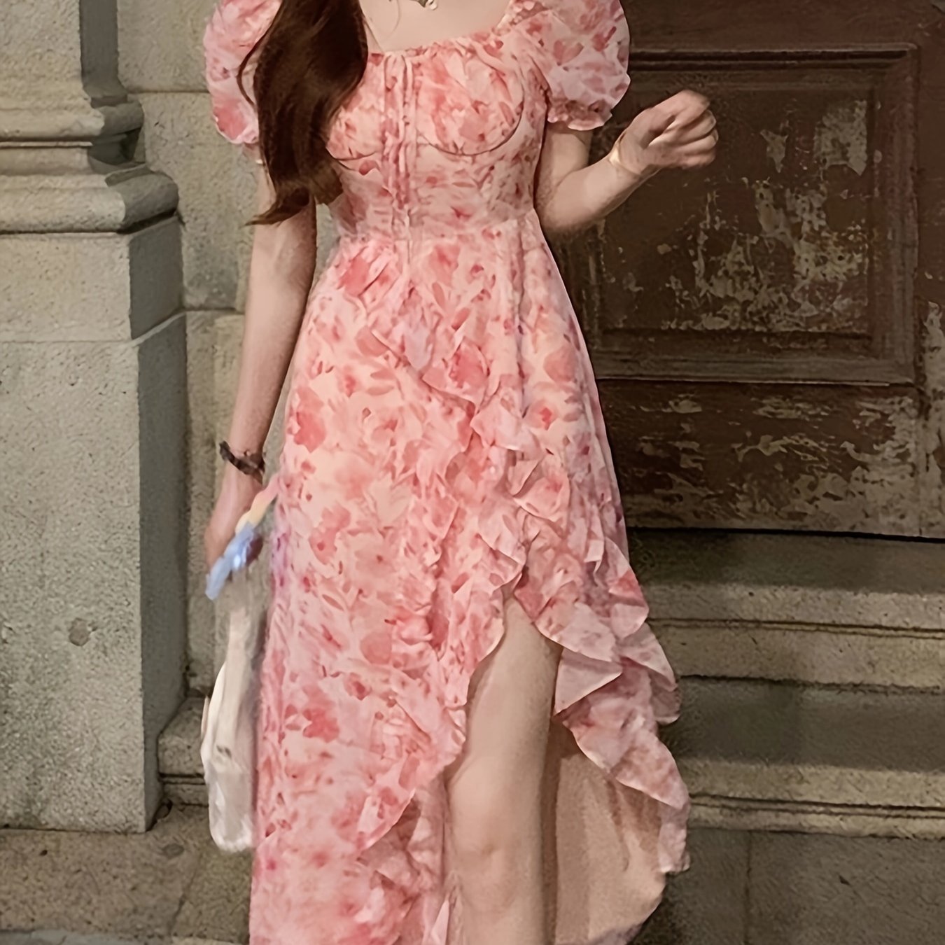 Elegant Floral Print Polyester Blend 1pc Fit and Flare Dress - Ruffle Hem, Scoop Neck, Woven Fabric - for Spring/Summer Women