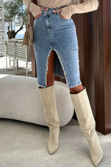 Ingvn - Street Solid Make Old Slit Asymmetrical Regular Denim Skirts