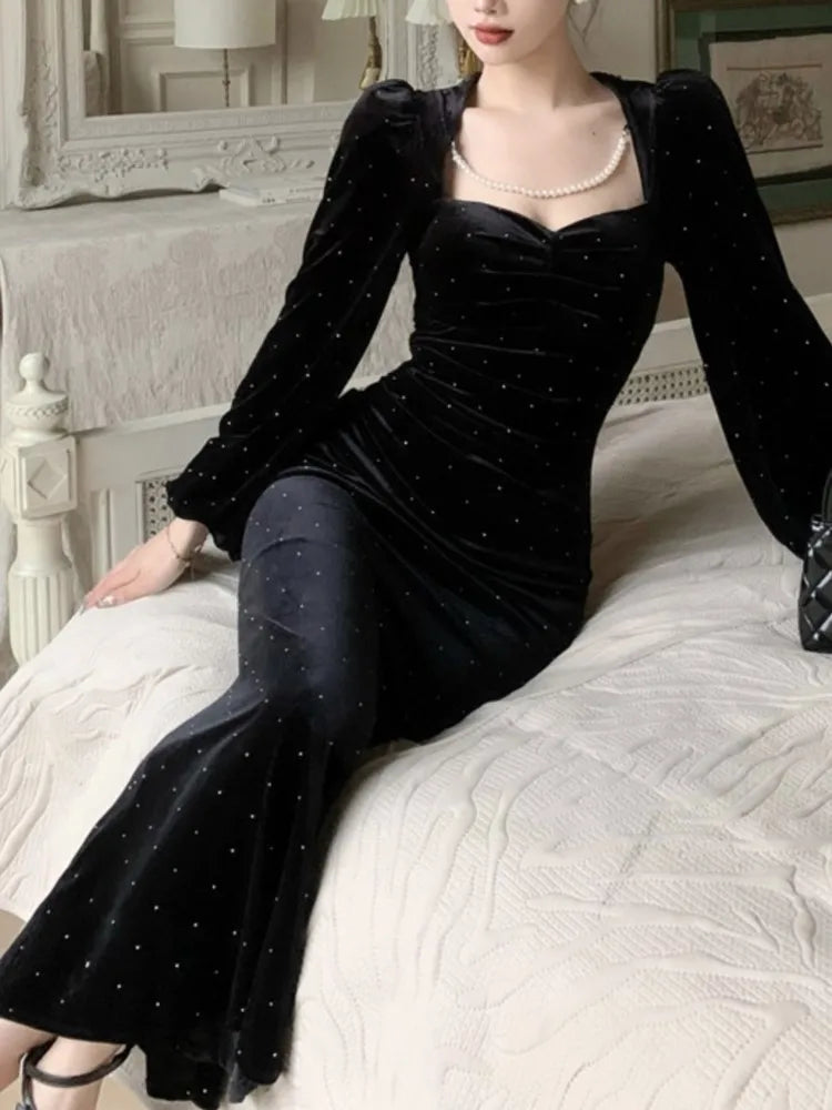 Elegant Velvet Black Mermaid Dress for Women Autumn Vintage Slim Solid Lantern Sleeve Dresses Fashion Evening Party Female Robe