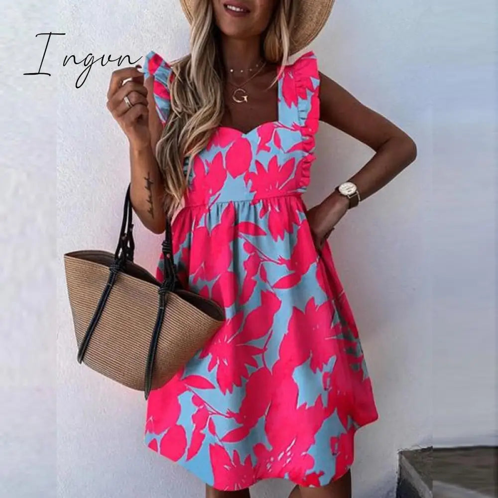 Ingvn - Elegant Butterfly Sleeve Ruffle Mini Dress Casual Square Collar Print Party Dress Women Summer Loose Pocket Beach Dress Vestidos