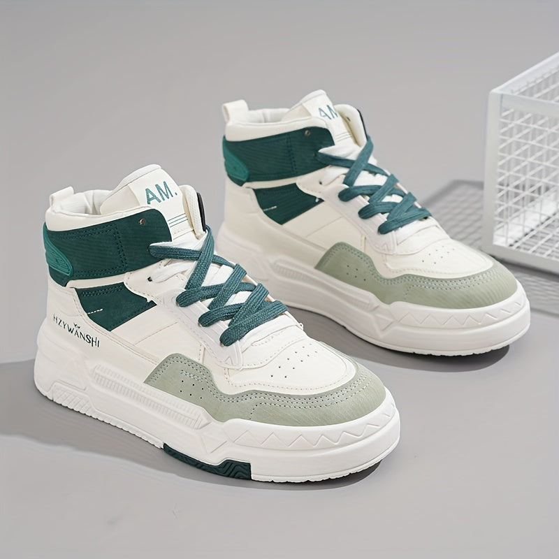 Trendy Women's High-Top Sneakers - Versatile White, Lace-Up Casual Shoes with Thick Sole, Breathable PU Cover & Comfort Fabric