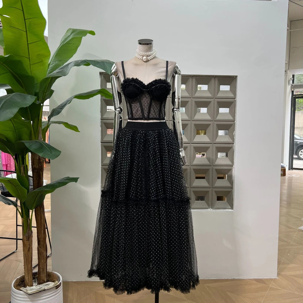 Summer Polka Dot Tight Top Mesh Women's Elegant Underwear Y2K Fashion Sexy Set Party Evening Dresses Two Piece Set Long Skirt