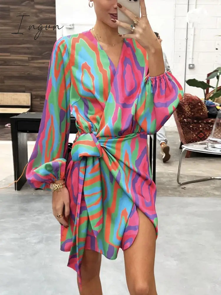 Ingvn - Elegant Slim Fit Cross V Neck Party Dress High Street Office Lady Dress Summer Women Casual Long Sleeve Sundress Cover Up