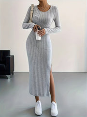 Long Sleeve Bodycon Ribbed Knit Dress - Sexy Crew Neck Split Thigh Slim Fit with Mid Elasticity - Machine Washable Polyester Fabric for Fall/Winter Season