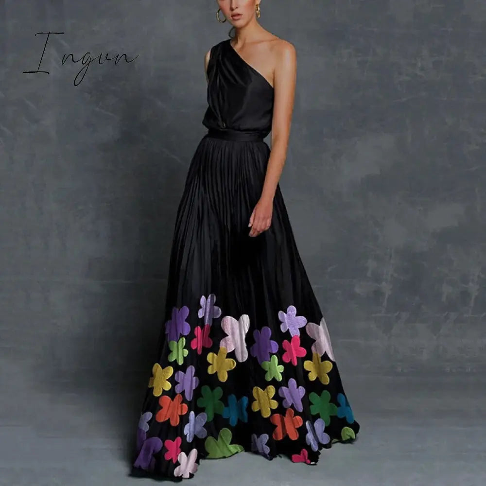 Ingvn - Summer Black Patchwork Inclined Off One Shoulder Women Dresses Contrast Color High Street Night Club Long Party Dress Clothing
