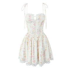 Sexy Elegant Women Lace Patchwork Floral Print Sling Mini Dress Low Waist A-line Summer Holiday Party Dresses Pretty Robe