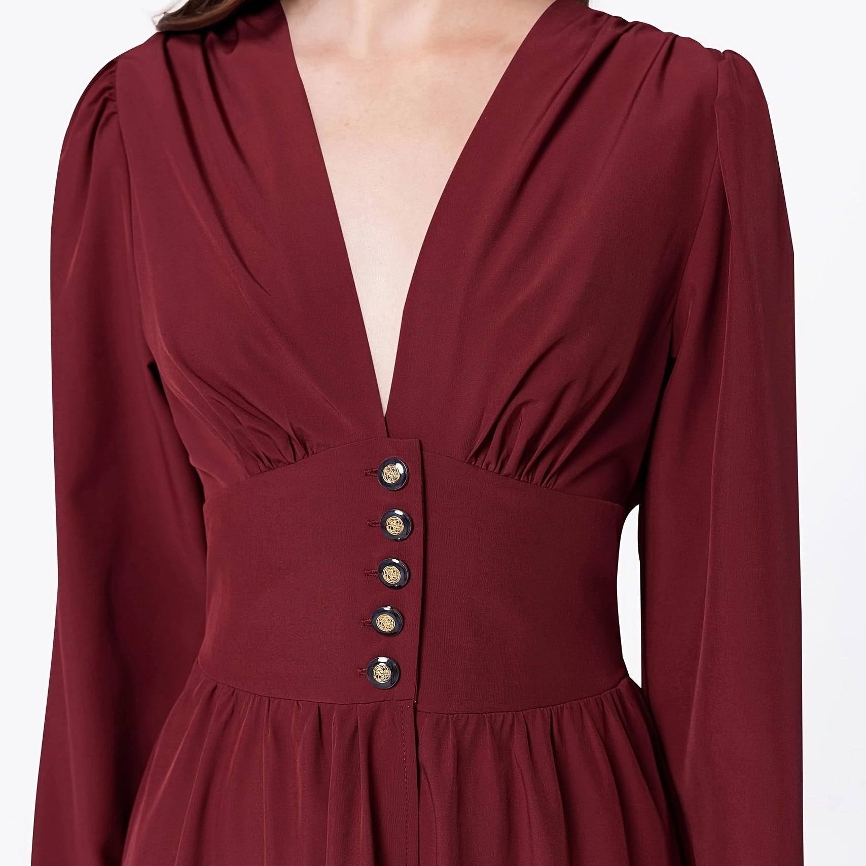 Deep V Neck Button Waist Dress, Elegant Long Sleeve Maxi Dress For Cocktail & Wedding Party, Women's Clothing