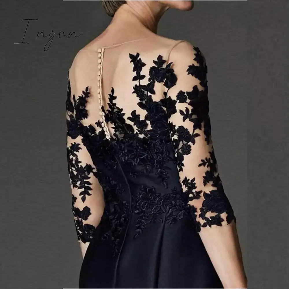 Ingvn - Gorgeous Prussian Blue Knee Length Mother of the Bride Dresses Lace Applique with Three Quarter Sleeves Wedding Guest Gowns