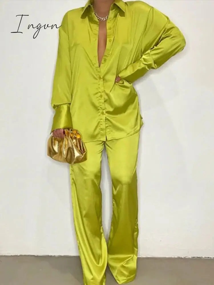 Ingvn - Women Elegant Satin Two Piece Sets Casual Feamle Solid Loose Outfits Long Sleeve Shirt And Wide Leg Straight Pants Suits