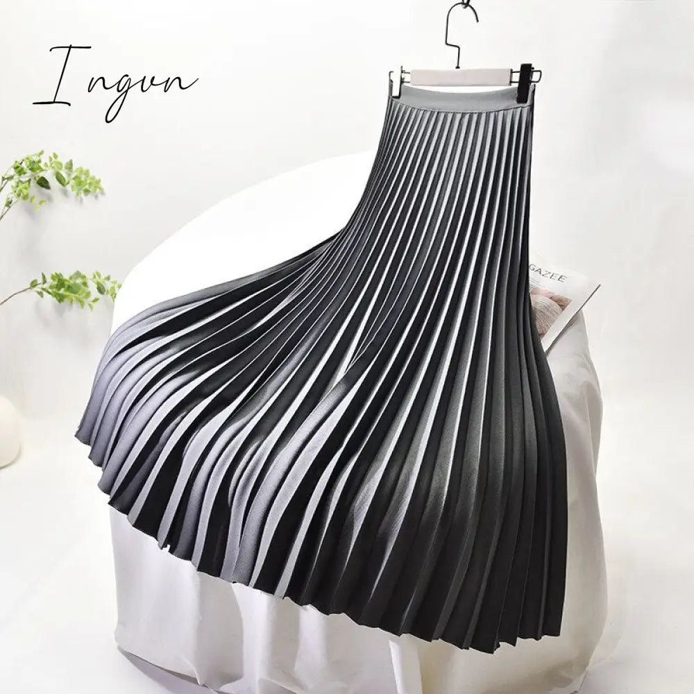 Ingvn - Brand Designer Women Spring Autumn Elegant Chic Solid Pleated Skirt High Waist Luxury Fashion With Elastic Female C-035