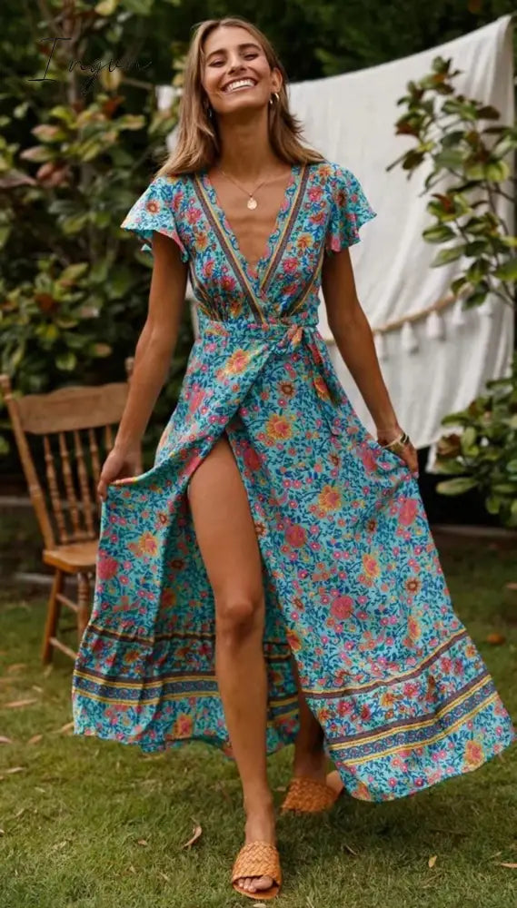 Ingvn - Vintage chic vestidos women Floral print bat sleeve beach long Bohemian maxi dress Ladies sexy V neck  Summer Boho happie  dress