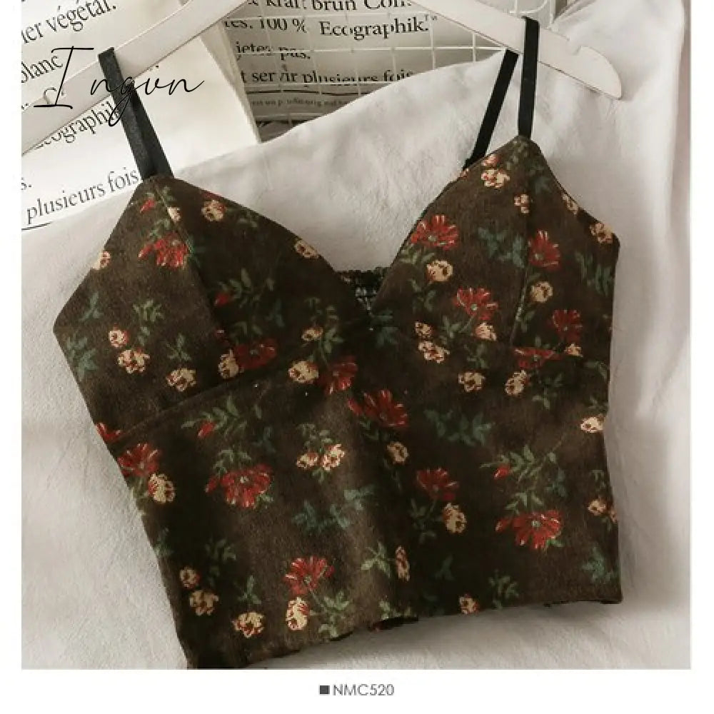Ingvn - Backless V-Neck Floral Printed Tank Crop Tops