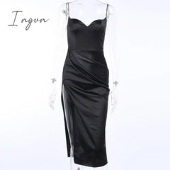 Ingvn - Summer Dresses For Women Sexy Black Satin Spaghetti Straps Low Cut Long Dress Women Summer Ruched Side High Split Maxi Dress Elegant Party Club