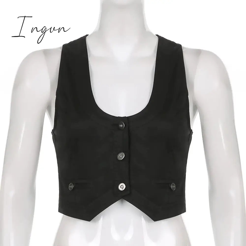 Ingvn - y2k Button Corset Top Black Sleeveless Tank Tops Skinny V Neck Aesthetic Punk Crop Top Grunge Fairycore Women Vests
